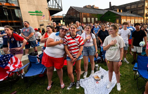 People at Lehigh Valley Soccerfest at Steelstacks in Bethlehem watch the USA vs. Bosnia-Herzegovina World Cup knockout match Wednesday, July 1, 2026. The teams played at San Francisco Bay Area Stadium. (April Gamiz/The Morning Call)