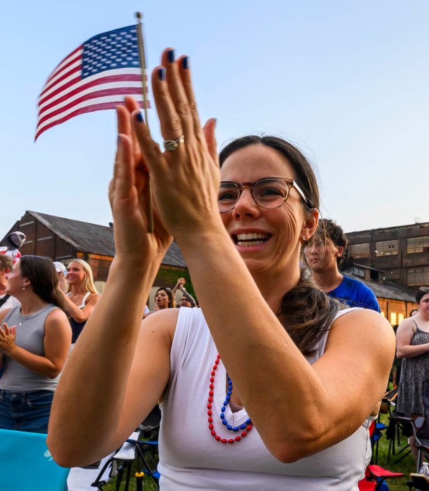 People at Lehigh Valley Soccerfest at Steelstacks in Bethlehem watch the USA vs. Bosnia-Herzegovina World Cup knockout match Wednesday, July 1, 2026. The teams played at San Francisco Bay Area Stadium. (April Gamiz/The Morning Call)