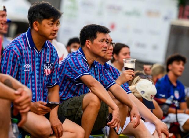 People at Lehigh Valley Soccerfest at Steelstacks in Bethlehem watch the USA vs. Bosnia-Herzegovina World Cup knockout match Wednesday, July 1, 2026. The teams played at San Francisco Bay Area Stadium. (April Gamiz/The Morning Call)