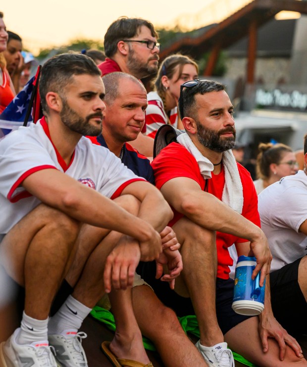 People at Lehigh Valley Soccerfest at Steelstacks in Bethlehem watch the USA vs. Bosnia-Herzegovina World Cup knockout match Wednesday, July 1, 2026. The teams played at San Francisco Bay Area Stadium. (April Gamiz/The Morning Call)