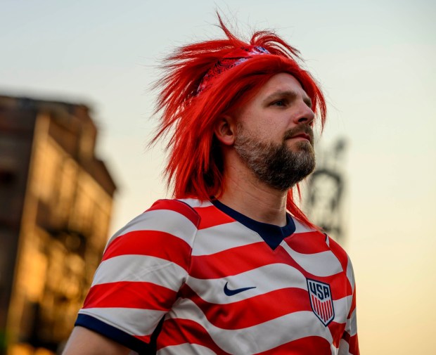 People at Lehigh Valley Soccerfest at Steelstacks in Bethlehem watch the USA vs. Bosnia-Herzegovina World Cup knockout match Wednesday, July 1, 2026. The teams played at San Francisco Bay Area Stadium. (April Gamiz/The Morning Call)