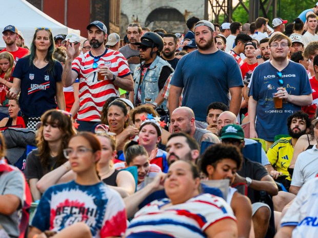 People at Lehigh Valley Soccerfest at Steelstacks in Bethlehem watch the USA vs. Bosnia-Herzegovina World Cup knockout match Wednesday, July 1, 2026. The teams played at San Francisco Bay Area Stadium. (April Gamiz/The Morning Call)