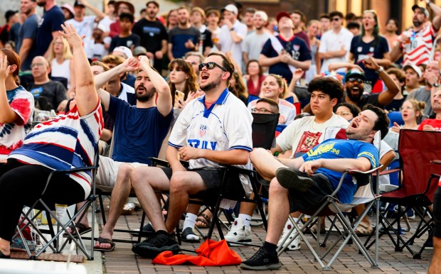 People at Lehigh Valley Soccerfest at Steelstacks in Bethlehem watch the USA vs. Bosnia-Herzegovina World Cup knockout match Wednesday, July 1, 2026. The teams played at San Francisco Bay Area Stadium. (April Gamiz/The Morning Call)