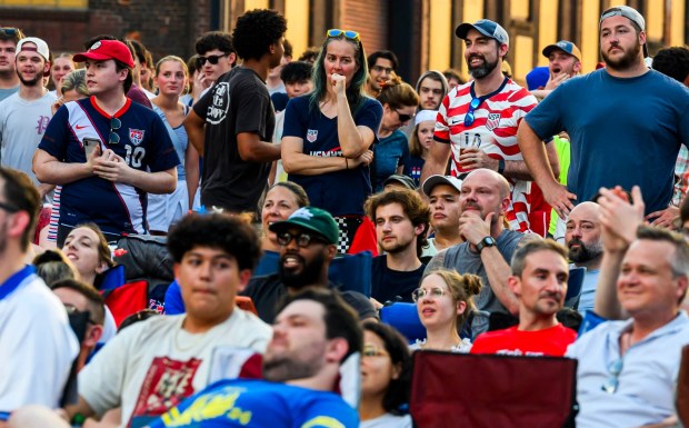 People at Lehigh Valley Soccerfest at Steelstacks in Bethlehem watch the USA vs. Bosnia-Herzegovina World Cup knockout match Wednesday, July 1, 2026. The teams played at San Francisco Bay Area Stadium. (April Gamiz/The Morning Call)