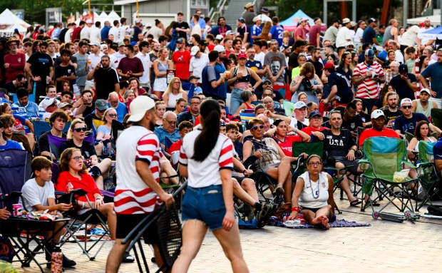 People at Lehigh Valley Soccerfest at Steelstacks in Bethlehem watch the USA vs. Bosnia-Herzegovina World Cup knockout match Wednesday, July 1, 2026. The teams played at San Francisco Bay Area Stadium. (April Gamiz/The Morning Call)