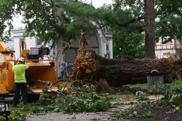 City workers clean fallen trees, limbs and debris Monday, July 6, 2026, at West Park in Allentown. Storms that hit the Lehigh Valley over the weekend caused damage in the park, as well as road closures and power outages throughout the region. (Monica Cabrera/The Morning Call)