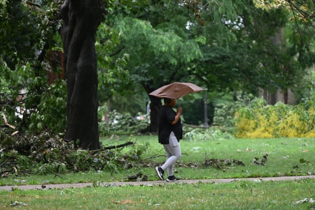 People walk around fallen trees and limbs blocking the sidewalks Monday, July 6, 2026, at West Park in Allentown.  Storms that hit the Lehigh Valley over the weekend caused damage in the park, as well as road closures and power outages throughout the region. (Monica Cabrera/The Morning Call)