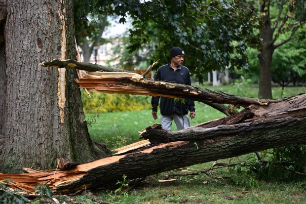 Jamie Foster of Allentown, walks around fallen trees and limbs blocking the sidewalks Monday, July 6, 2026, at West Park in Allentown.  Storms that hit the Lehigh Valley over the weekend caused damage in the park, as well as road closures and power outages throughout the region. (Monica Cabrera/The Morning Call)