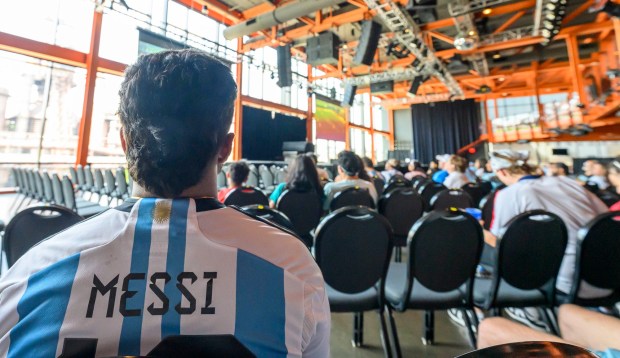 People watch the FIFA World Cup semifinal match between England and Argentina on Wednesday, July 15, 2026, during a Lehigh Valley SoccerFest viewing party at ArtsQuest in Bethlehem. The game was held at Atlanta Stadium in Georgia. Argentina won and will play Spain in the final on Sunday, July 19. (April Gamiz/The Morning Call)