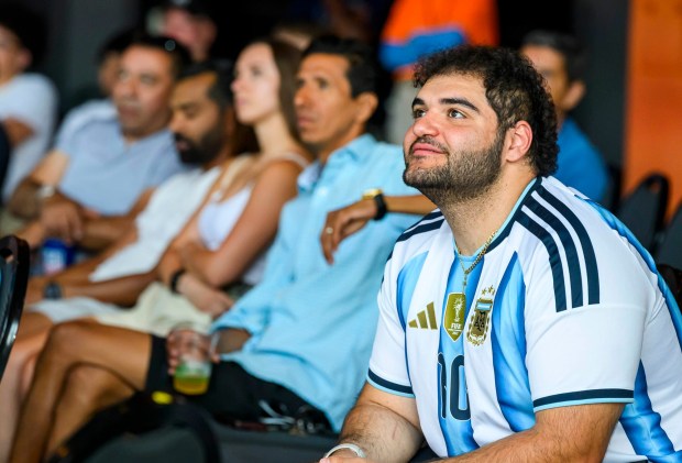 Argentina fan Mike Samaan of Bethlehem watches the FIFA World Cup semifinal match between England and Argentina on Wednesday, July 15, 2026, during a Lehigh Valley SoccerFest viewing party at ArtsQuest in Bethlehem. The game was held at Atlanta Stadium in Georgia. Argentina won and will play Spain in the final on Sunday, July 19. (April Gamiz/The Morning Call)