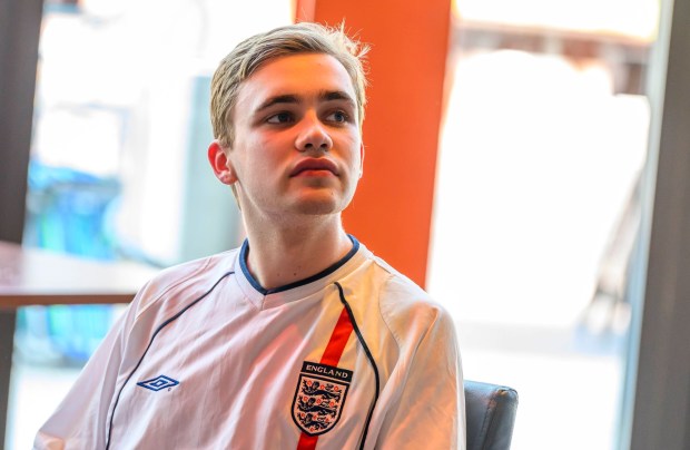 England fan Nicolas Bull of Center Valley watches the FIFA World Cup semifinal match between England and Argentina on Wednesday, July 15, 2026, during a Lehigh Valley SoccerFest viewing party at ArtsQuest in Bethlehem. The game was held at Atlanta Stadium in Georgia. Argentina won and will play Spain in the final on Sunday, July 19. (April Gamiz/The Morning Call)