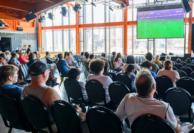 People watch the FIFA World Cup semifinal match between England and Argentina on Wednesday, July 15, 2026, during a Lehigh Valley SoccerFest viewing party at ArtsQuest in Bethlehem. The game was held at Atlanta Stadium in Georgia. Argentina won and will play Spain in the final on Sunday, July 19. (April Gamiz/The Morning Call)
