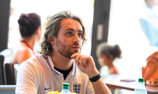 England fan Sam Bull of Center Valley watches the FIFA World Cup semifinal match between England and Argentina on Wednesday, July 15, 2026, during a Lehigh Valley SoccerFest viewing party at ArtsQuest in Bethlehem. The game was held at Atlanta Stadium in Georgia. Argentina won and will play Spain in the final on Sunday, July 19. (April Gamiz/The Morning Call)