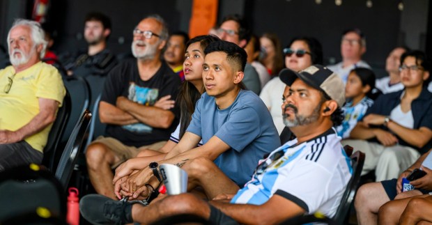 People watch the FIFA World Cup semifinal match between England and Argentina on Wednesday, July 15, 2026, during a Lehigh Valley SoccerFest viewing party at ArtsQuest in Bethlehem. The game was held at Atlanta Stadium in Georgia. Argentina won and will play Spain in the final on Sunday, July 19. (April Gamiz/The Morning Call)