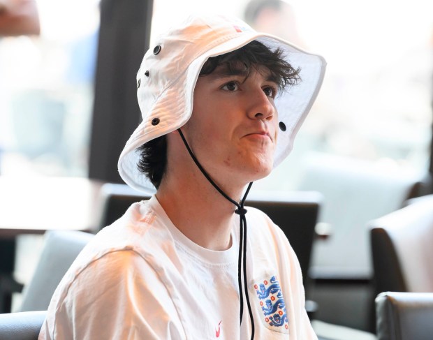 England fan Will Clifford of Springtown watches the FIFA World Cup semifinal match between England and Argentina on Wednesday, July 15, 2026, during a Lehigh Valley SoccerFest viewing party at ArtsQuest in Bethlehem. The game was held at Atlanta Stadium in Georgia. Argentina won and will play Spain in the final on Sunday, July 19. (April Gamiz/The Morning Call)