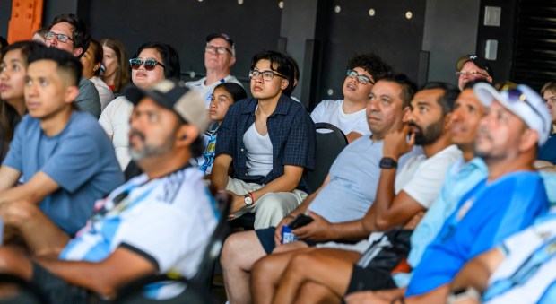 People watch the FIFA World Cup semifinal match between England and Argentina on Wednesday, July 15, 2026, during a Lehigh Valley SoccerFest viewing party at ArtsQuest in Bethlehem. The game was held at Atlanta Stadium in Georgia. Argentina won and will play Spain in the final on Sunday, July 19. (April Gamiz/The Morning Call)