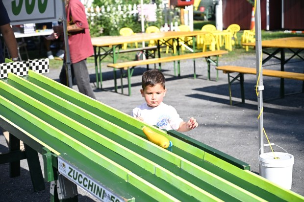 Francis Houayek, 2, of Easton plays with his zucchini car during the 20th Annual Zucchini 500 on Thursday, July 23, 2026 at the 10th & Pine street community garden in Easton. According to West Ward Community Initiative manager Jacob Behler, events like the 'Zuke 500' are meant to help foster new community connections and help people have affordable and local access to healthy produce. (Jon Chiu/The Morning Call)