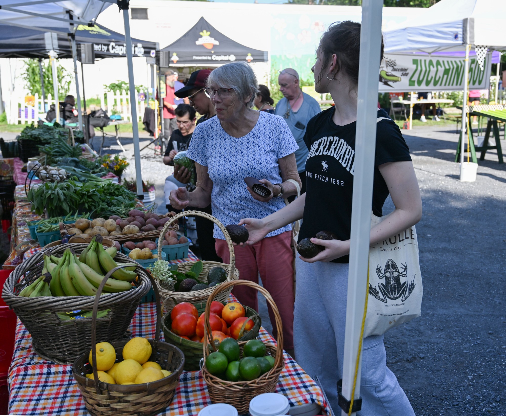 Kaye Stapleton and her granddaughter, Beatrix Yelagin, inspect avocados for purchase during the 20th Annual Zucchini 500 on Thursday, July 23, 2026 at the 10th & Pine street community garden in Easton. According to West Ward Community Initiative manager Jacob Behler, events like the 'Zuke 500' are meant to help foster new community connections and help people have affordable and local access to healthy produce. (Jon Chiu/The Morning Call)