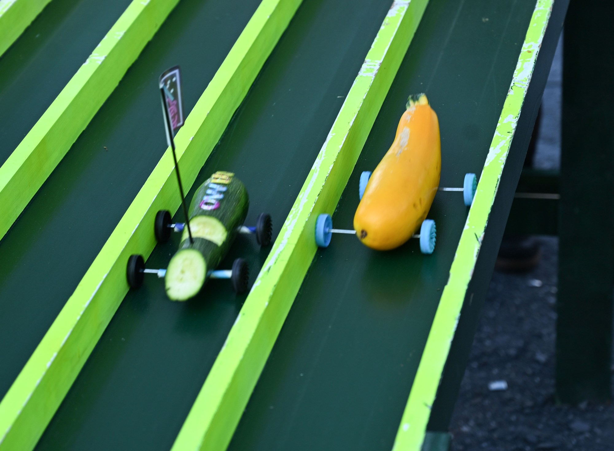 Zucchini cars race down the track during the 20th Annual Zucchini 500 on Thursday, July 23, 2026 at the 10th & Pine street community garden in Easton. According to West Ward Community Initiative manager Jacob Behler, events like the 'Zuke 500' are meant to help foster new community connections and help people have affordable and local access to healthy produce. (Jon Chiu/The Morning Call)