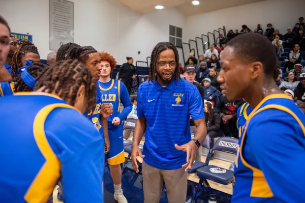 Allen's coach Darnell Braswell talks to his team during a timeout during Saturday's Canaries game at Dieruff on Saturday. Braswell will be facing an old friend in the team's upcoming hoilday tournament at Sewards Gym. (Jonathan Broady/Special to The Morning Call)
