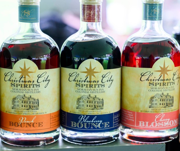 A close-up of Christmas City Spirits' Blueberry Bounce drink, a blueberry-based, spiced liqueur that was popular in Colonial America and said to be a favorite of George Washington, Saturday, July 18, 2026, during Bethlehem Blueberry Festival organized by Historic Bethlehem Museums & Sites at Burnside Plantation in Bethlehem. (April Gamiz/The Morning Call)