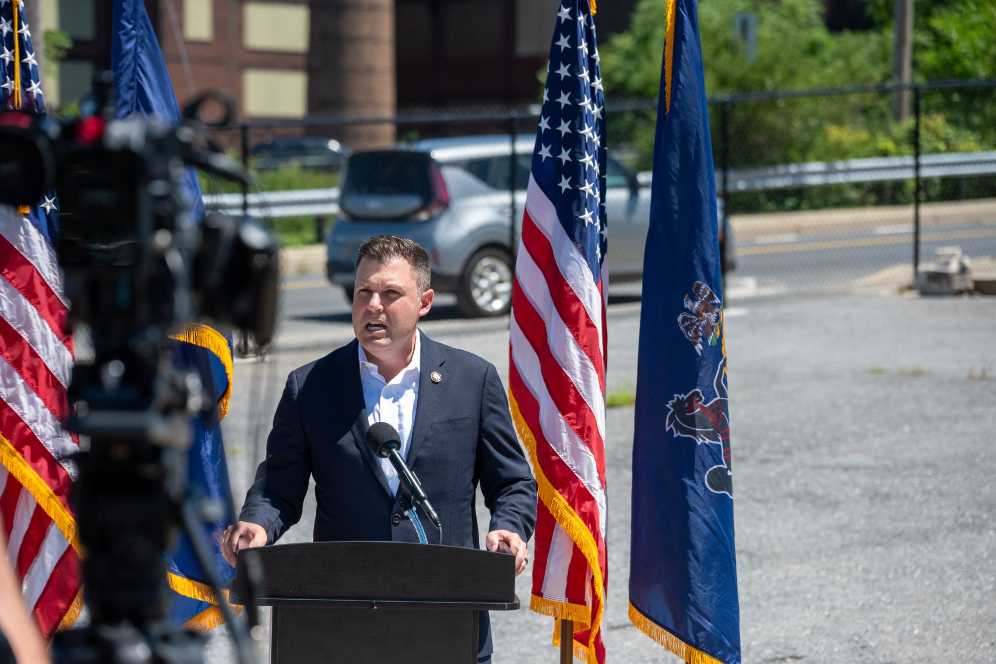 U.S. Rep. Ryan Mackenzie, R-7th District, speaks to the crowd Wednesday, July 8, 2026, during a visit to Bethlehem by U.S. Secretary of Housing and Urban Development Scott Turner. Turner was in the area to talk about opportunity zones, housing affordability and community investment. (Jonathan Broady/Special to The Morning Call)
