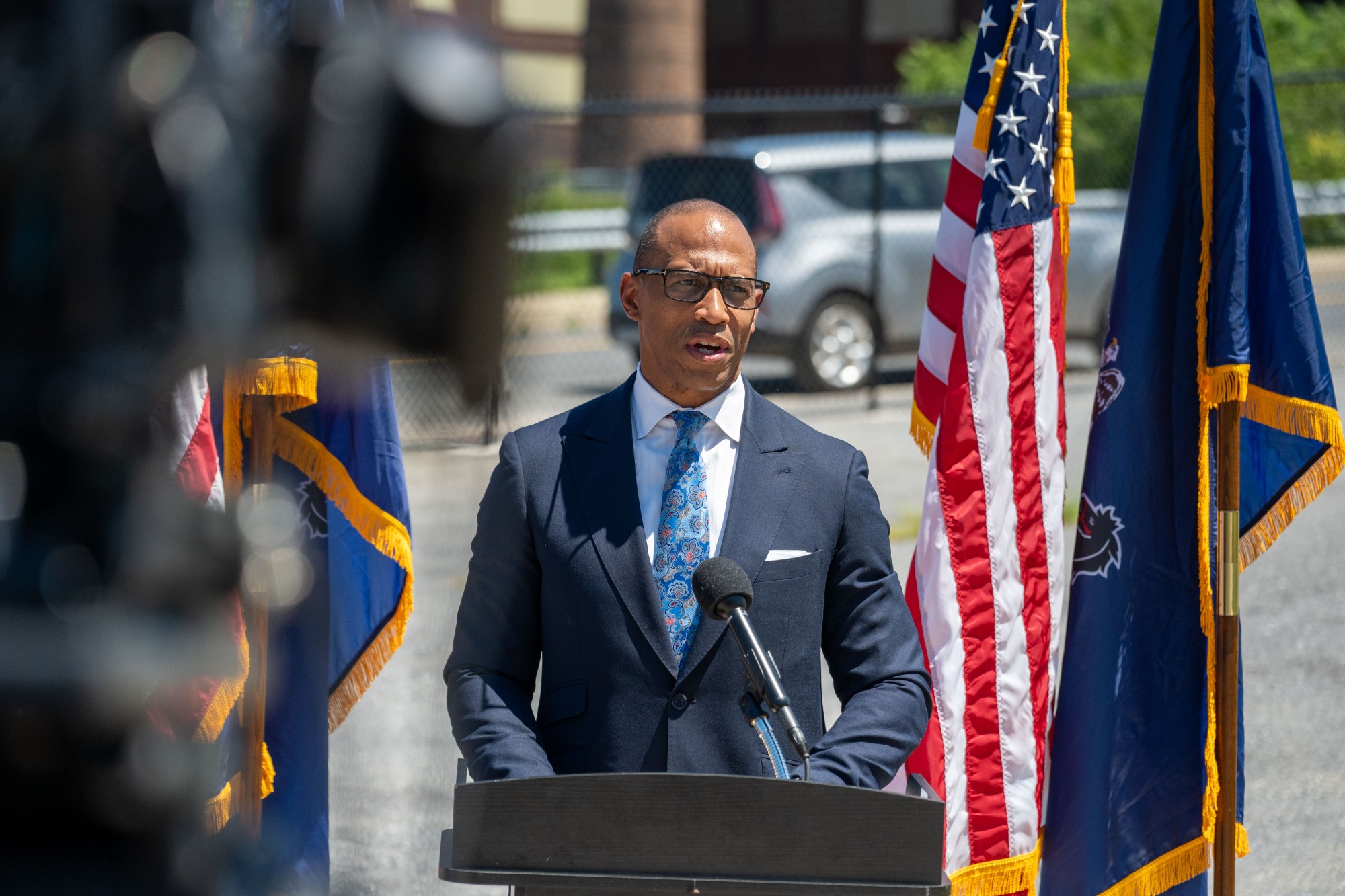 U.S. Housing and Urban Development Secretary Scott Turner speaks to the crowd Wednesday, July 8, 2026, in Bethlehem. Turner was in the area to discuss the department's mission, including opportunity zones, housing affordability and community investment. (Jonathan Broady/Special to The Morning Call