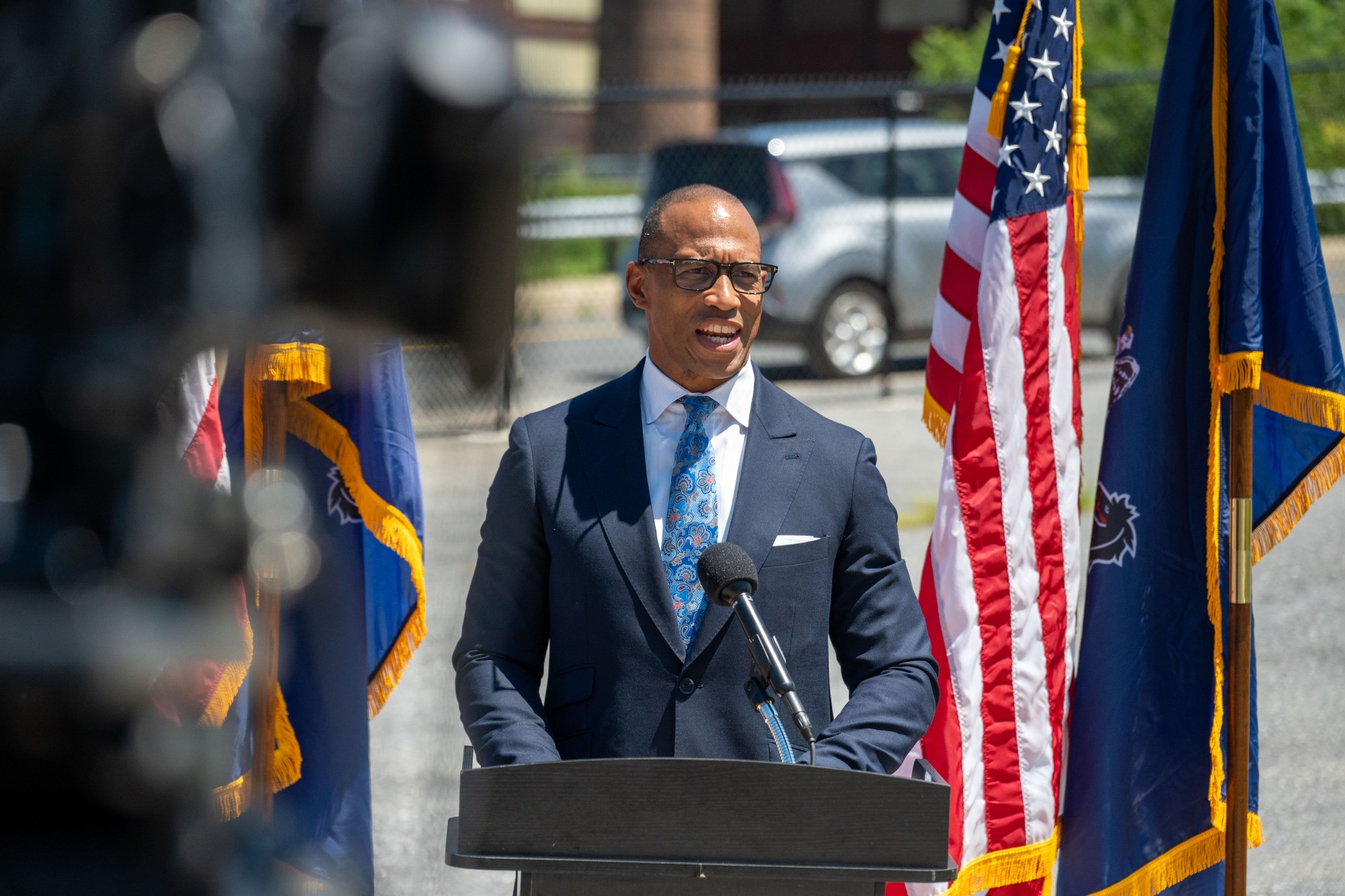 U.S. Housing and Urban Development Secretary Scott Turner speaks to the crowd Wednesday, July 8, 2026, in Bethlehem. Turner was in the area to discuss the department's mission, including opportunity zones, housing affordability and community investment. (Jonathan Broady/Special to The Morning Call