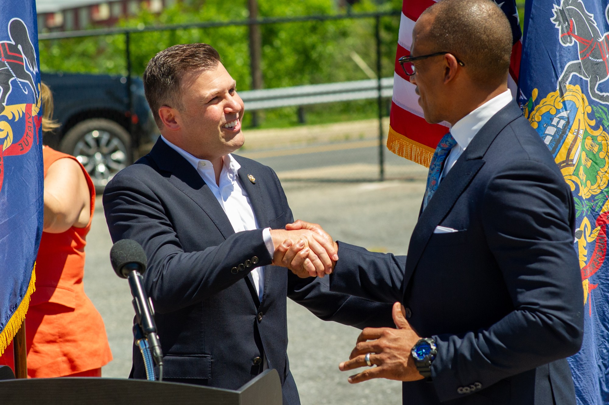 Scott Turner and Ryan Mackenzie shake hands on Wednesday, July 8, 2026. Turner serves as U.S. secretary of Housing and Urban Development, while Mackenzie represents Pennsylvania's 7th Congressional District, which includes the Lehigh Valley and the Poconos. The visit focused on the department's mission, including opportunity zones, housing affordability and community investment. (Jonathan Broady/Special to The Morning Call)
