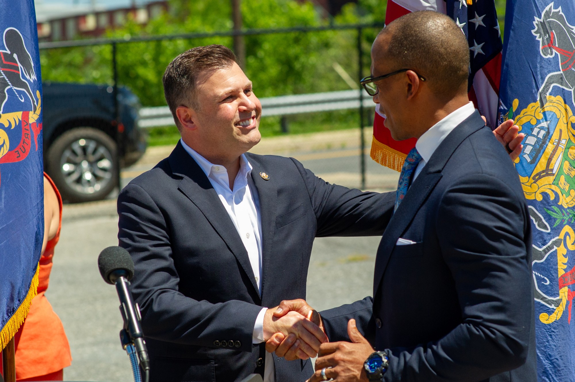 Scott Turner and Ryan Mackenzie shake hands on Wednesday, July 8, 2026. Turner serves as U.S. secretary of Housing and Urban Development, while Mackenzie represents Pennsylvania's 7th Congressional District, which includes the Lehigh Valley and the Poconos. The visit focused on the department's mission, including opportunity zones, housing affordability and community investment. (Jonathan Broady/Special to The Morning Call)