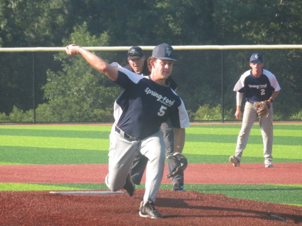 Spring-Ford's Garrett Wible pitches against Philadelphia during Game 1 of a Perkiomen Valley Twilight League quarterfinal series, Monday, July 20, 2026. (Ed Morlock/MediaNews Group)