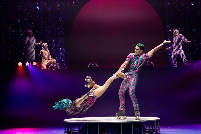 Performers combine roller skating and acrobatics during Cirque du Soleil's "Twas the Night Before...