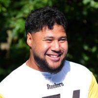 Sep 26, 2025; Maynooth, Ireland; Pittsburgh Steelers offensive tackle Troy Fautanu (76) during practice at Carton House.
