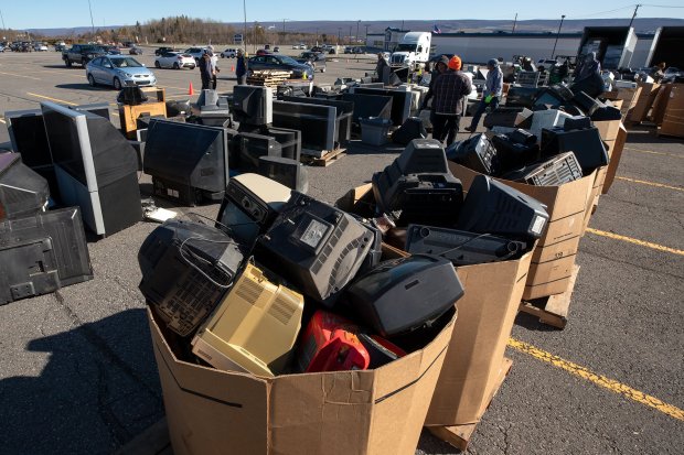 Old electronics are pictured piled up in the parking lot of the Viewmont Mall during an electronics recycling event sponsored by then state Sen. John Blake, HP and Lackawanna County on Saturday, Nov. 16, 2019. (FILE PHOTO)