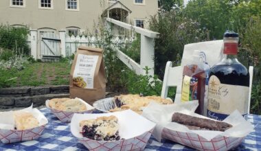 Blueberry desserts and drinks sit on a checkered tablecloth outside a historic farmhouse.