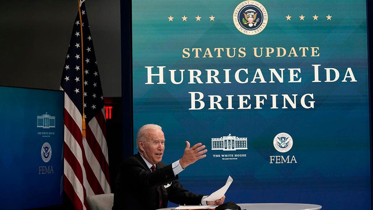 President Joe Biden speaks during a virtual Hurricane Ida briefing at the White House.