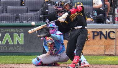 Pittsburgh Pirates' Esmerlyn Valdez hits a grand slam home run off Milwaukee Brewers pitcher Aaron Ashby during the seventh inning of the first game of a baseball double header in Pittsburgh, Saturday, July 11, 2026. (AP Photo/Gene J. Puskar)