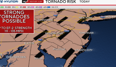 Rare risk of dangerous EF-2 tornadoes over Philadelphia Saturday evening. Here's the weather forecast.