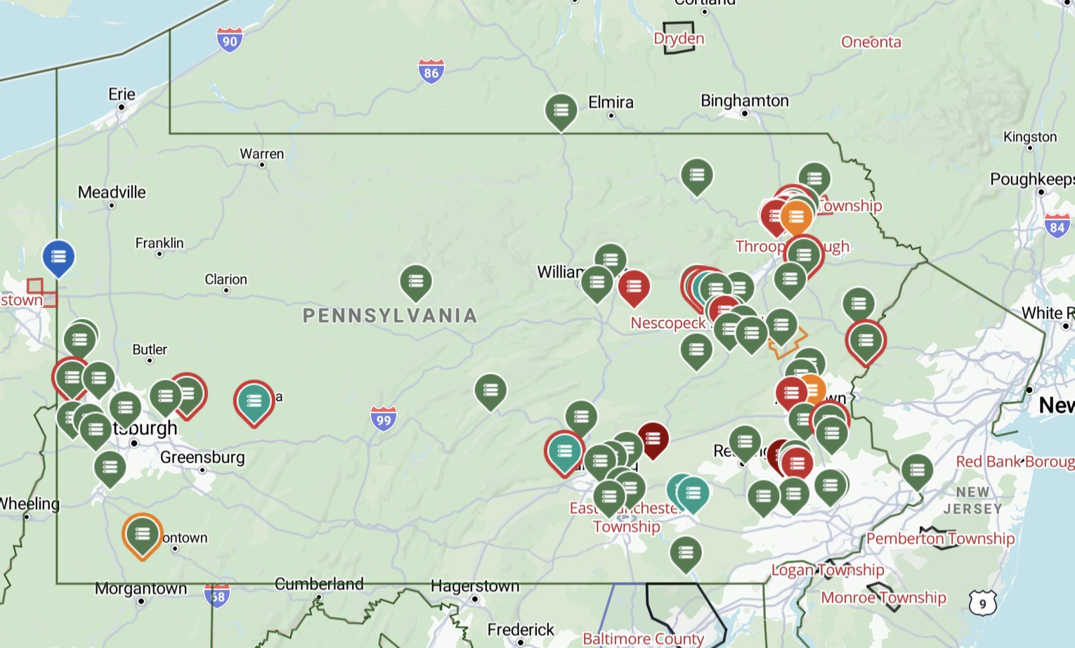 A map of Pennsylvania marked with colored location pins, indicating various sites or data points across the state.