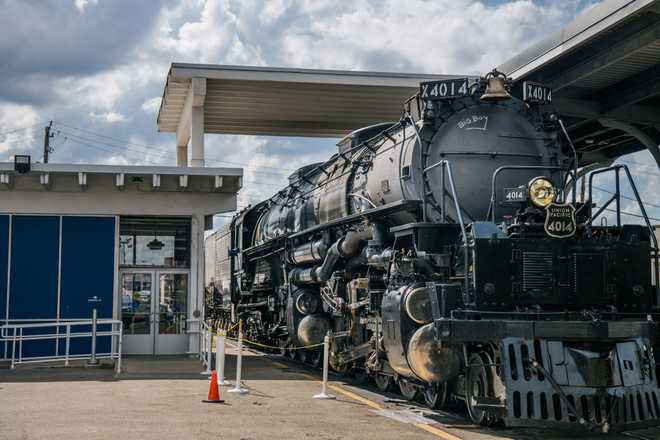Historic Union Pacific "Big Boy" Locomotive Arrives In Houston HOUSTON, TEXAS - AUGUST 17: The front of the Big Boy No. 4014 locomotive is shown on August 17, 2021 in Houston, Texas. The Big Boy No. 4014 locomotive arrived in Houston during an upper Midwest tour in commemoration of the Union Pacific's 150th anniversary. Big Boy No. 4014 retired in December 1961 after traveling 1,031,205 miles in its 20 years of service. No. 4014 is the last remaining operating Big Boy of the limited number still in existence. (Photo by Brandon Bell/Getty Images)