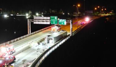 Overturned truck spills hazardous materials on the 62nd Street Bridge
