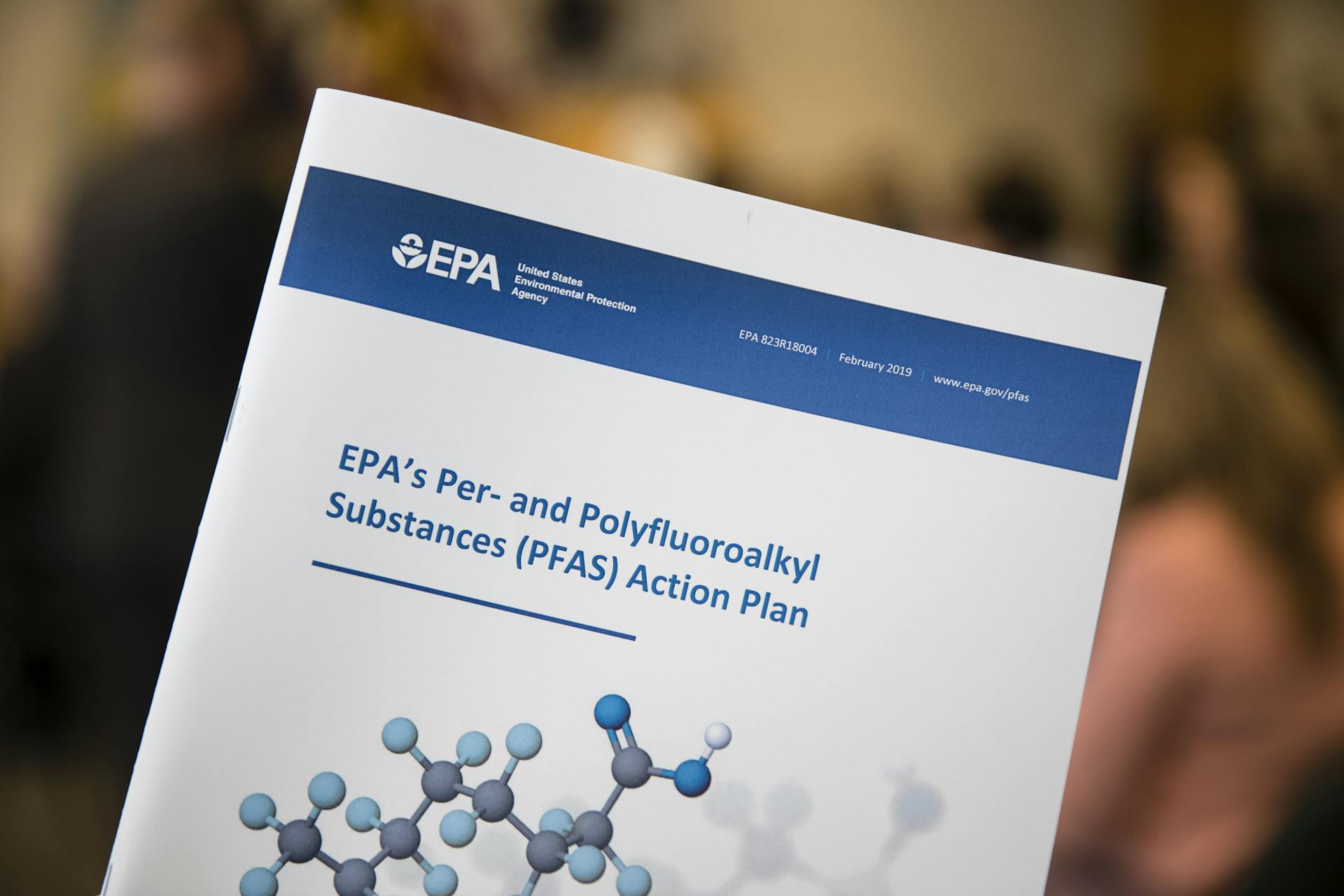 White and blue pamphlet that says 'EPA's Per- and Polyflouroalkyl Substances (PFAS) Action Plan'
