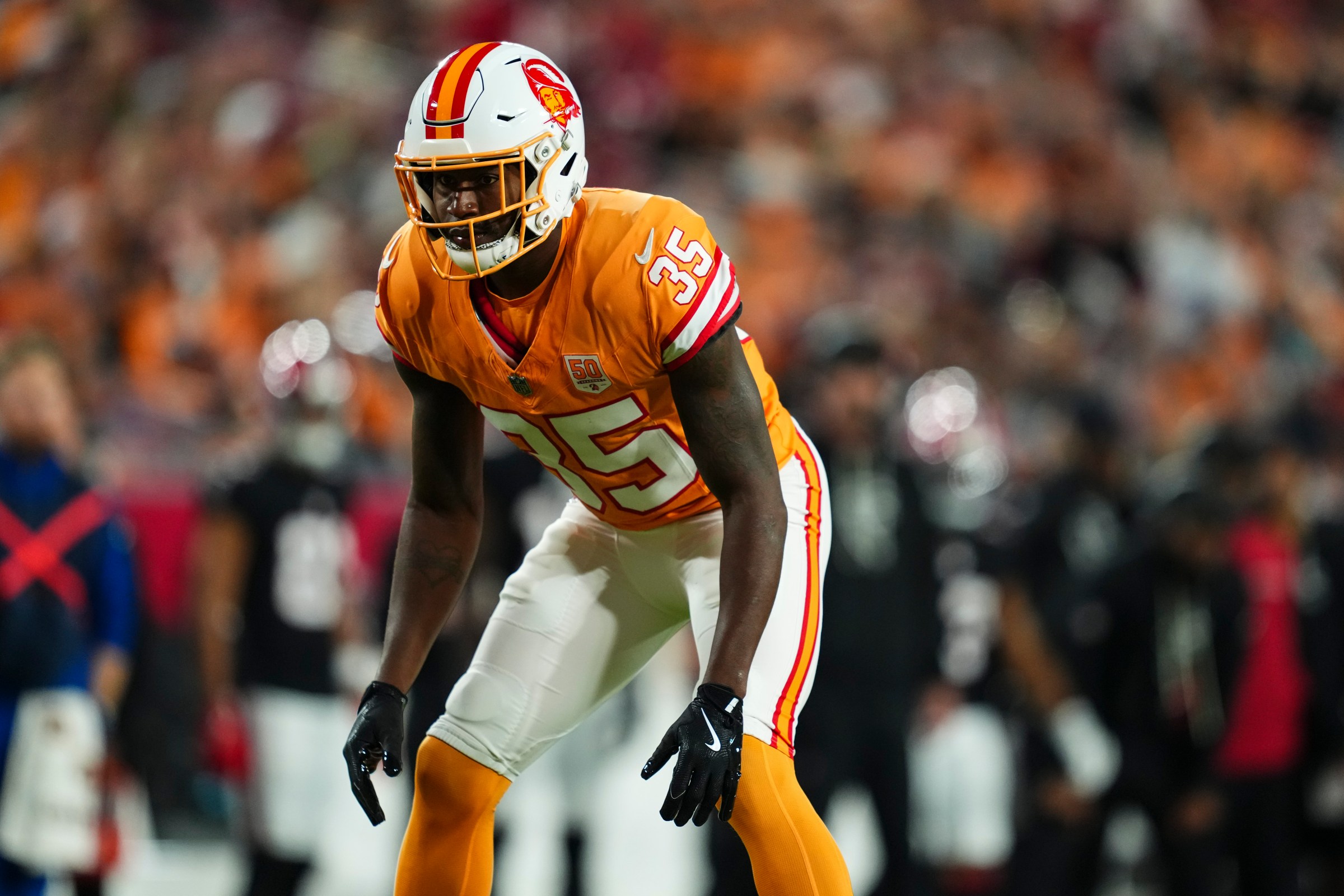 TAMPA, FL - DECEMBER 11: Jamel Dean #35 of the Tampa Bay Buccaneers lines up before the snap during an NFL football game against the Atlanta Falcons at Raymond James Stadium on December 11, 2025 in Tampa, Florida. (Photo by Cooper Neill/Getty Images)