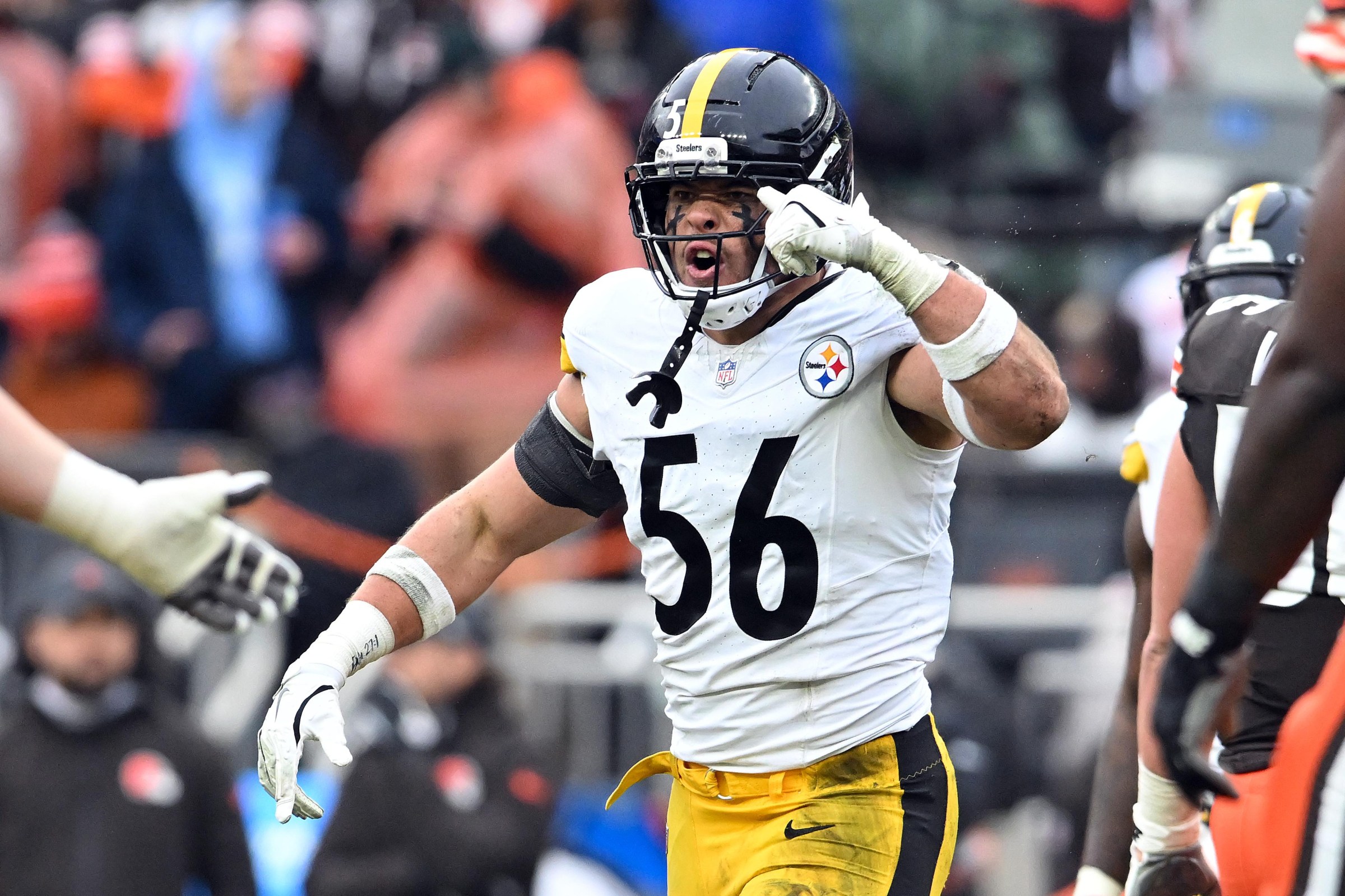 CLEVELAND, OHIO - DECEMBER 28: Alex Highsmith #56 of the Pittsburgh Steelers celebrates a sack during the third quarter of the game against the Cleveland Browns at Huntington Bank Field on December 28, 2025 in Cleveland, Ohio. (Photo by Nick Cammett/Getty Images)
