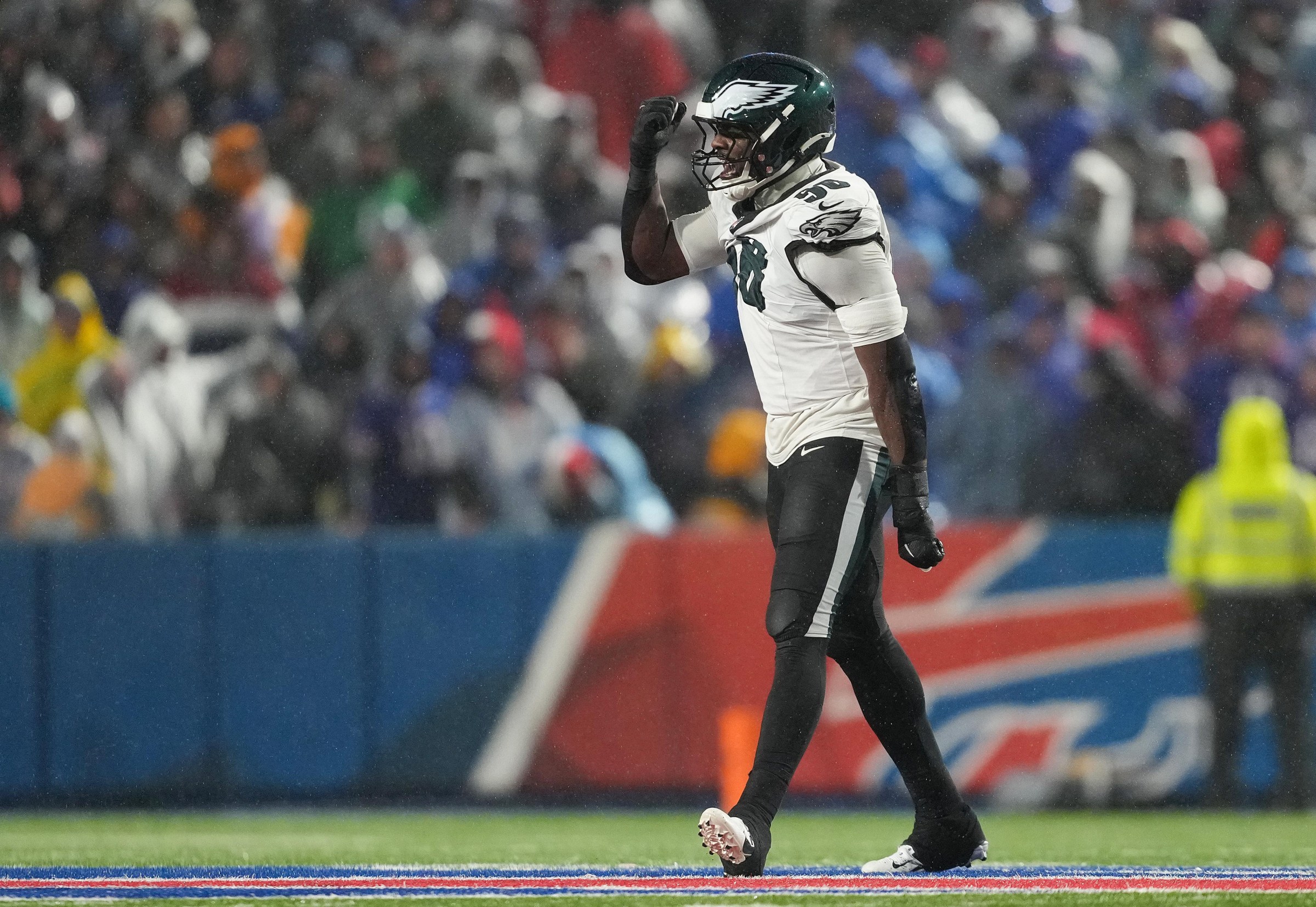 ORCHARD PARK, NEW YORK - DECEMBER 28: Jalyx Hunt #58 of the Philadelphia Eagles reacts after a sack in the fourth quarter of the game against the Buffalo Bills at Highmark Stadium on December 28, 2025 in Orchard Park, New York. (Photo by Nic Antaya/Getty Images)