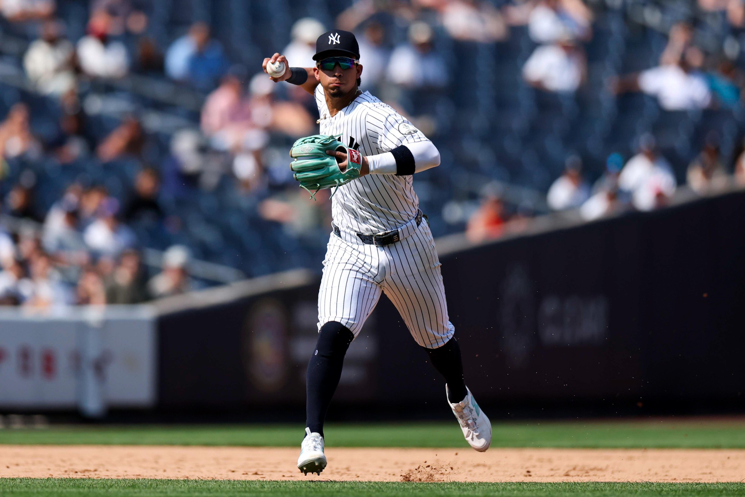 NEW YORK, NEW YORK - JULY 01: Oswaldo Cabrera #95 of the New York Yankees throws to first base during the ninth inning against the Detroit Tigers at Yankee Stadium on July 01, 2026 in New York City. (Photo by Caleb Bowlin/Getty Images)