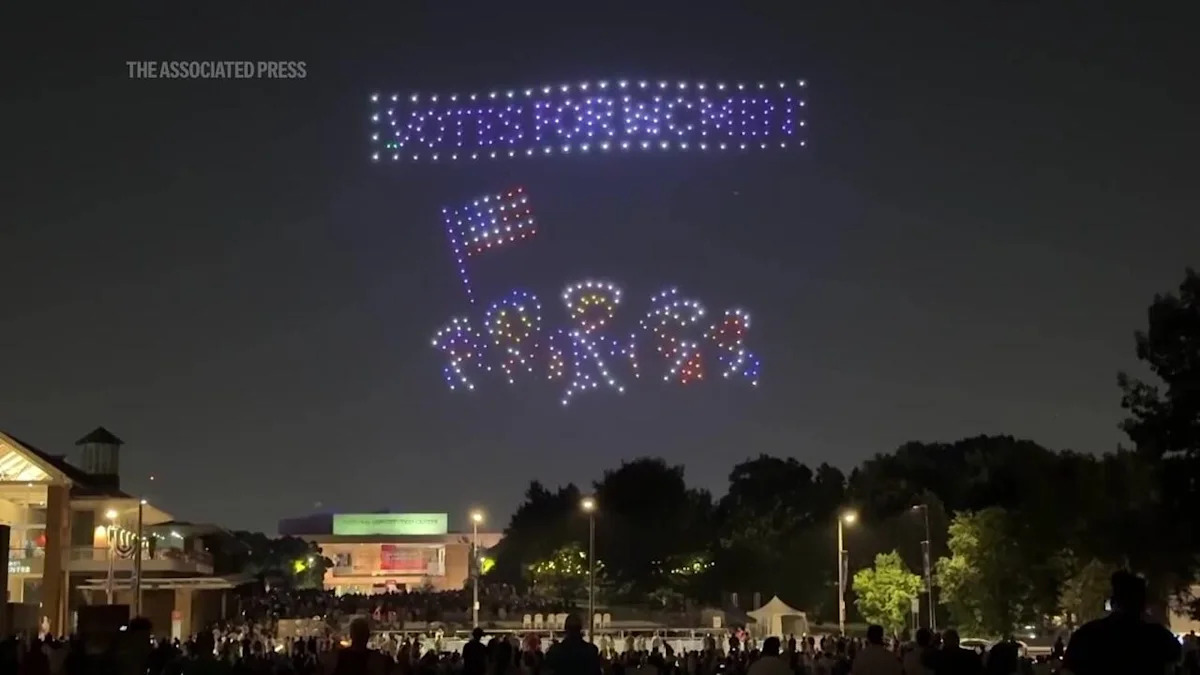 Drone show lights up night sky over Philadelphia's Independence Hall