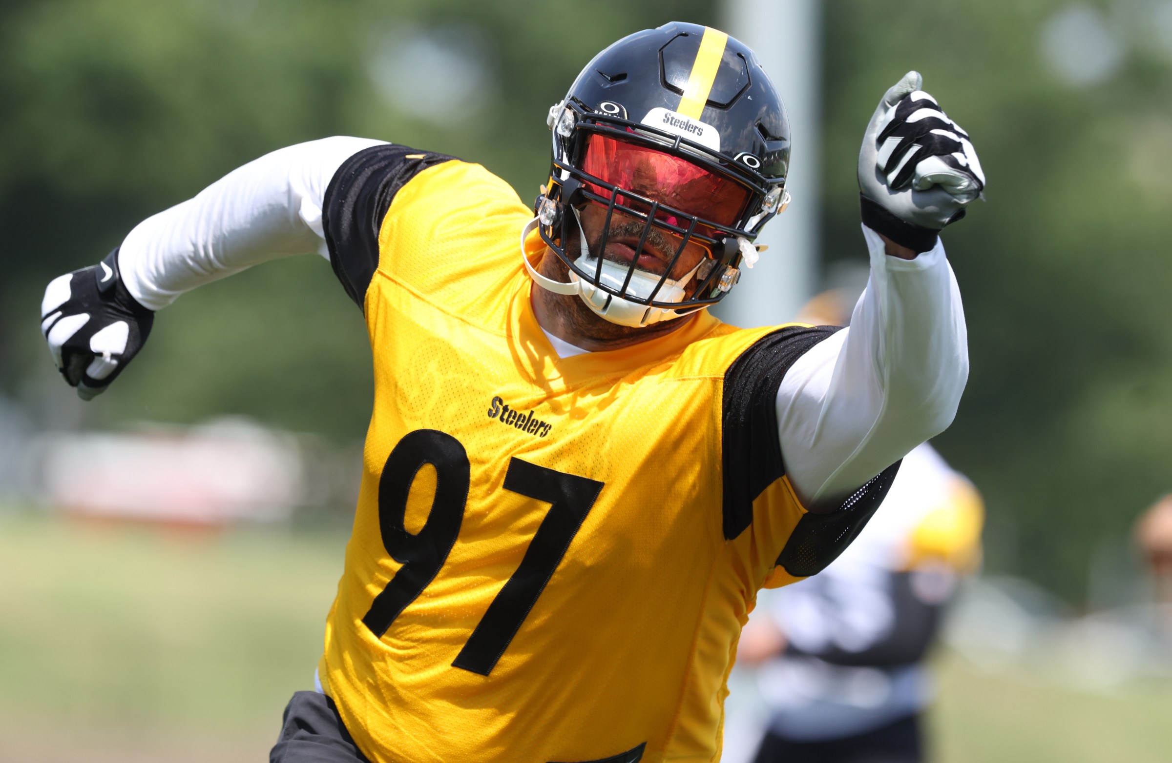 Jul 24, 2025; Latrobe, PA, USA; Pittsburgh Steelers defensive end Cam Heyward (97) participates in drills during training camp at Saint Vincent College. Mandatory Credit: Charles LeClaire-Imagn Images