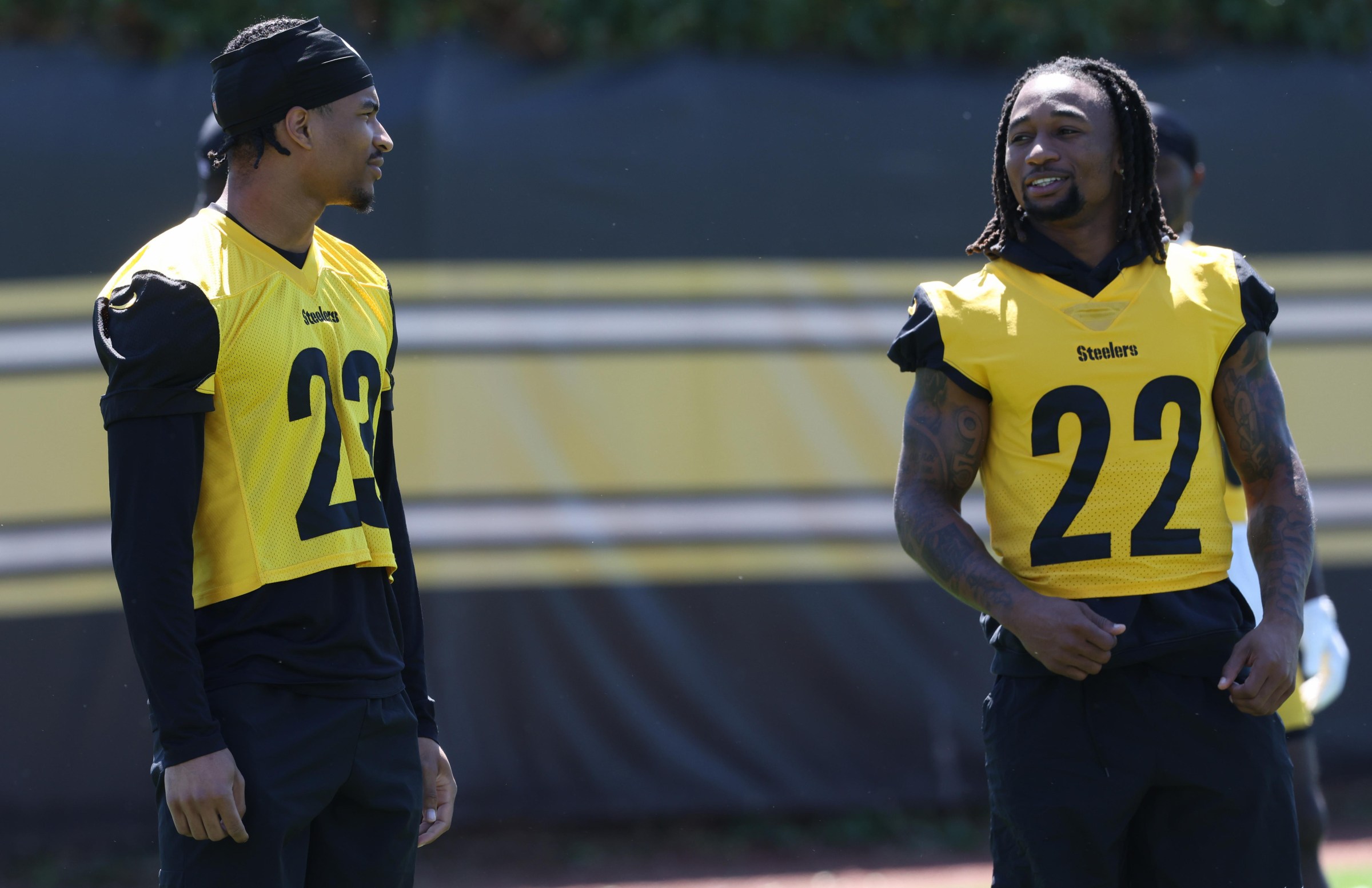 May 28, 2026; Pittsburgh, PA, USA; Pittsburgh Steelers cornerbacks Daylen Everette (23) and Asante Samuel Jr. (22) participate in OTA drills at the UPMC Rooney Sports Complex. Mandatory Credit: Charles LeClaire-Imagn Images