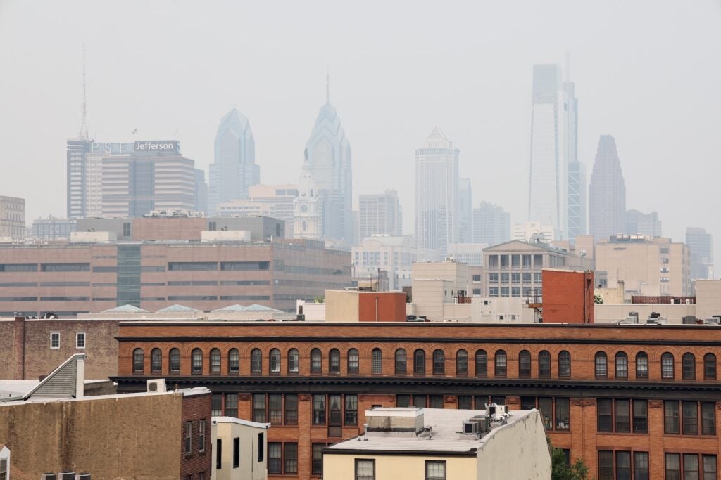 Philadelphia's skyline is faintly visible from the Ben Franklin Bridge